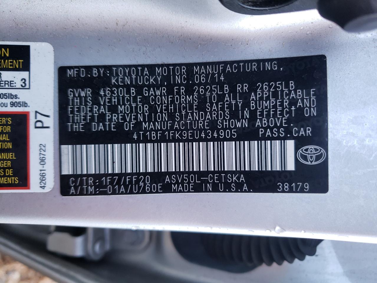 2014 Toyota Camry VIN 4T1BF1FK9EU434905 Copart auction photo, front end / side damage thumbnail 15