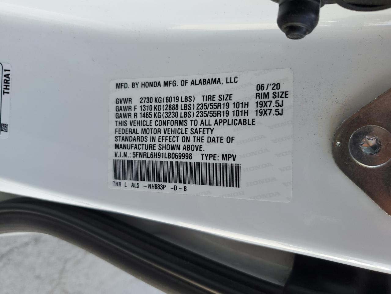 2020 Honda Odyssey VIN 5FNRL6H91LB069998 Copart auction photo, front end / minor dent/scratches damage thumbnail 13