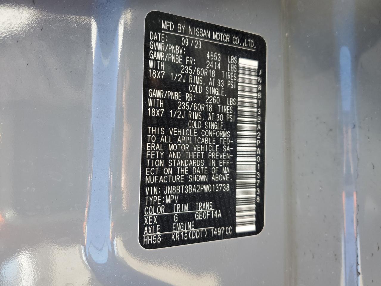2023 Nissan Rogue VIN JN8BT3BA2PW013738 Copart auction photo, front end / rear end damage thumbnail 13