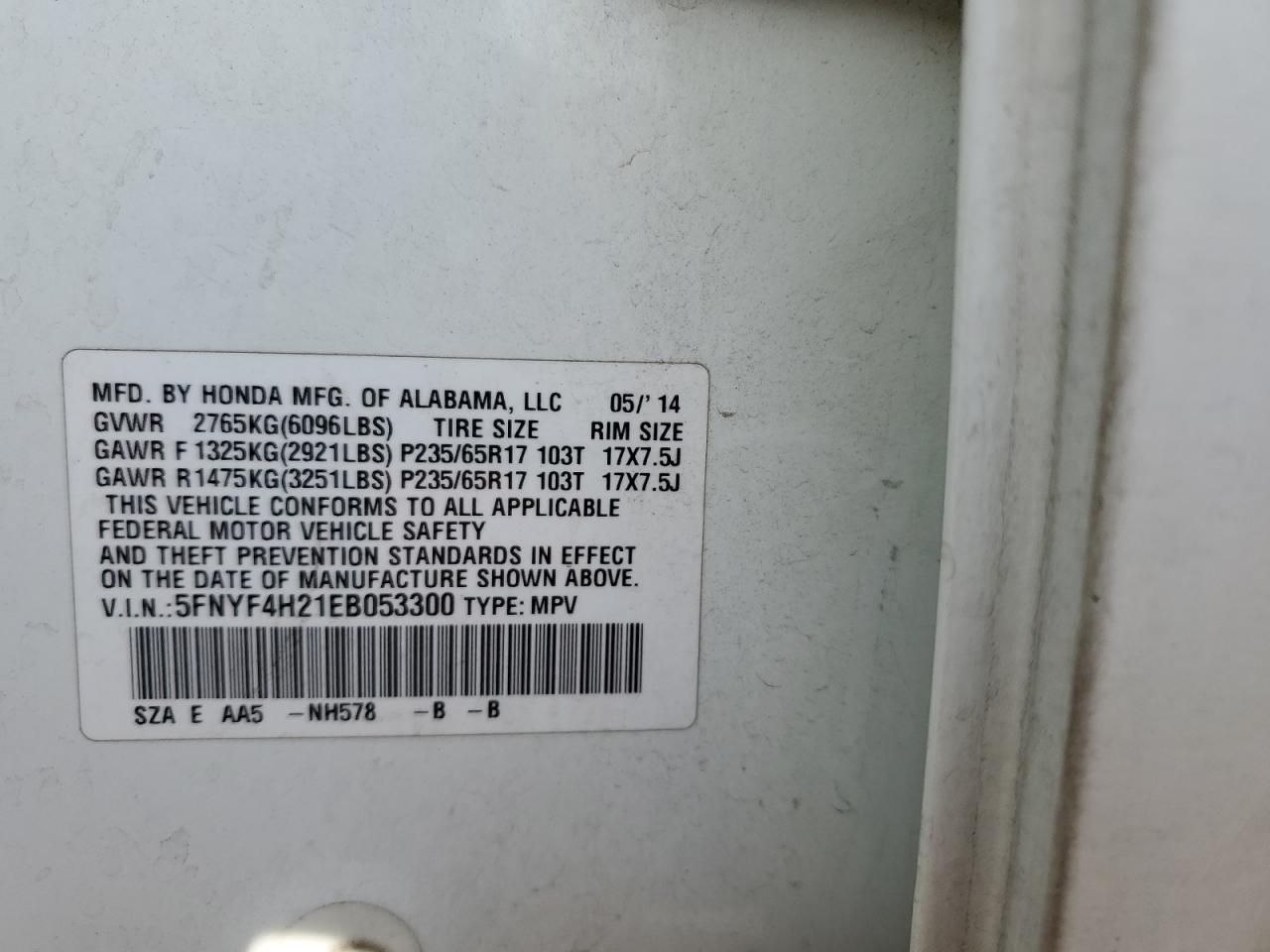 2014 Honda Pilot VIN 5FNYF4H21EB053300 Copart auction photo, front end damage thumbnail 13