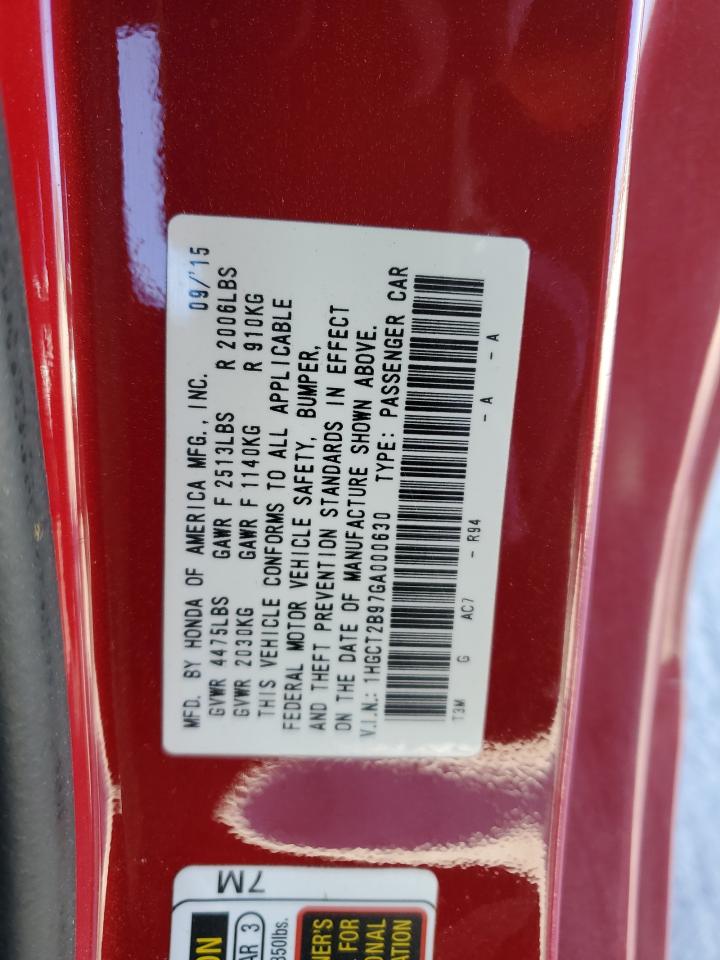 2016 Honda Accord VIN 1HGCT2B97GA000630 Copart auction photo, rear end damage thumbnail 12