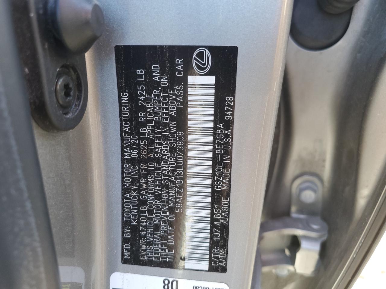 2020 Lexus ES VIN 58AEZ1B13LU073808 Copart auction photo, side / front end damage thumbnail 12