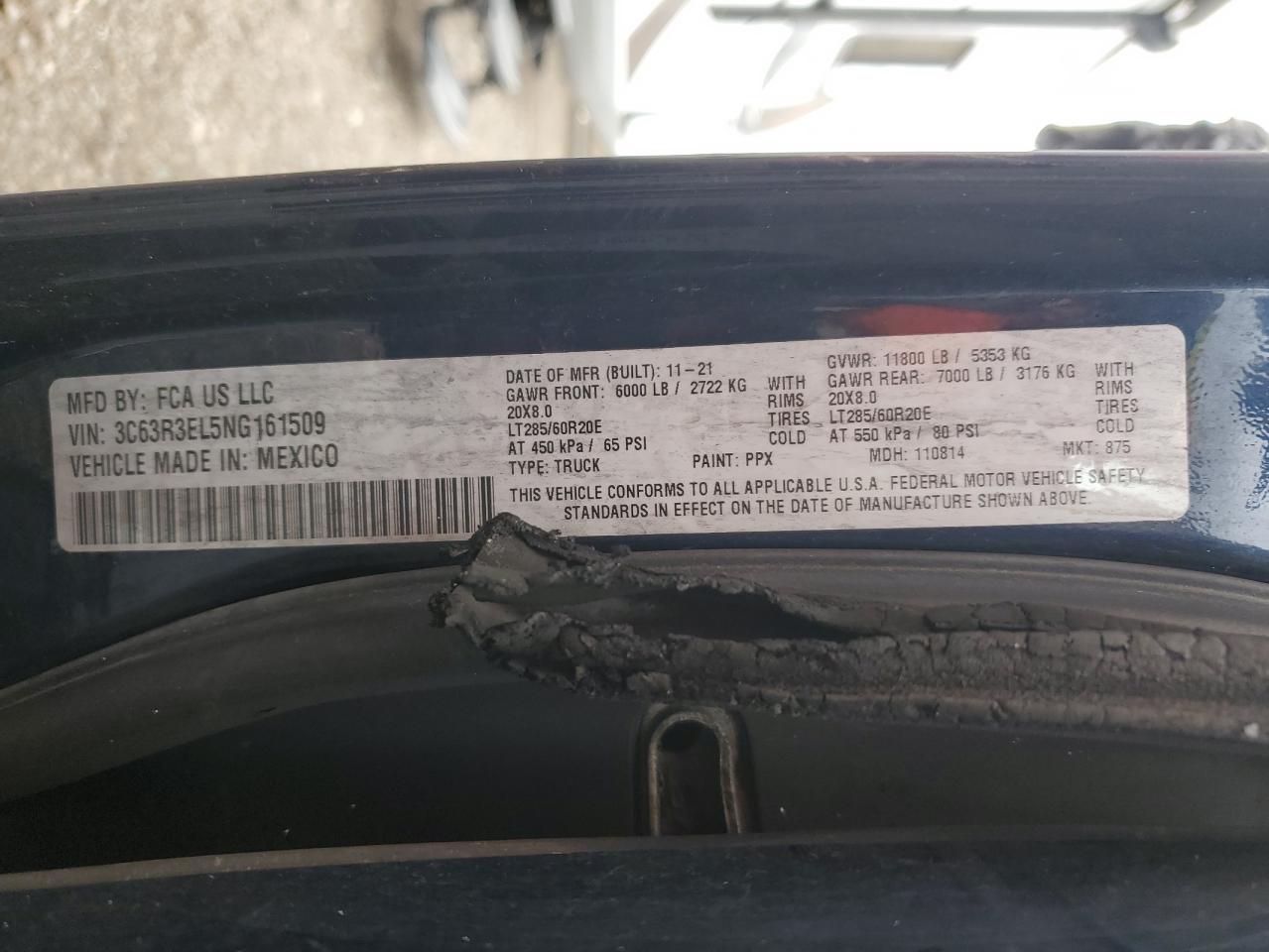2022 RAM 3500 VIN 3C63R3EL5NG161509 Copart auction photo, burn damage thumbnail 12