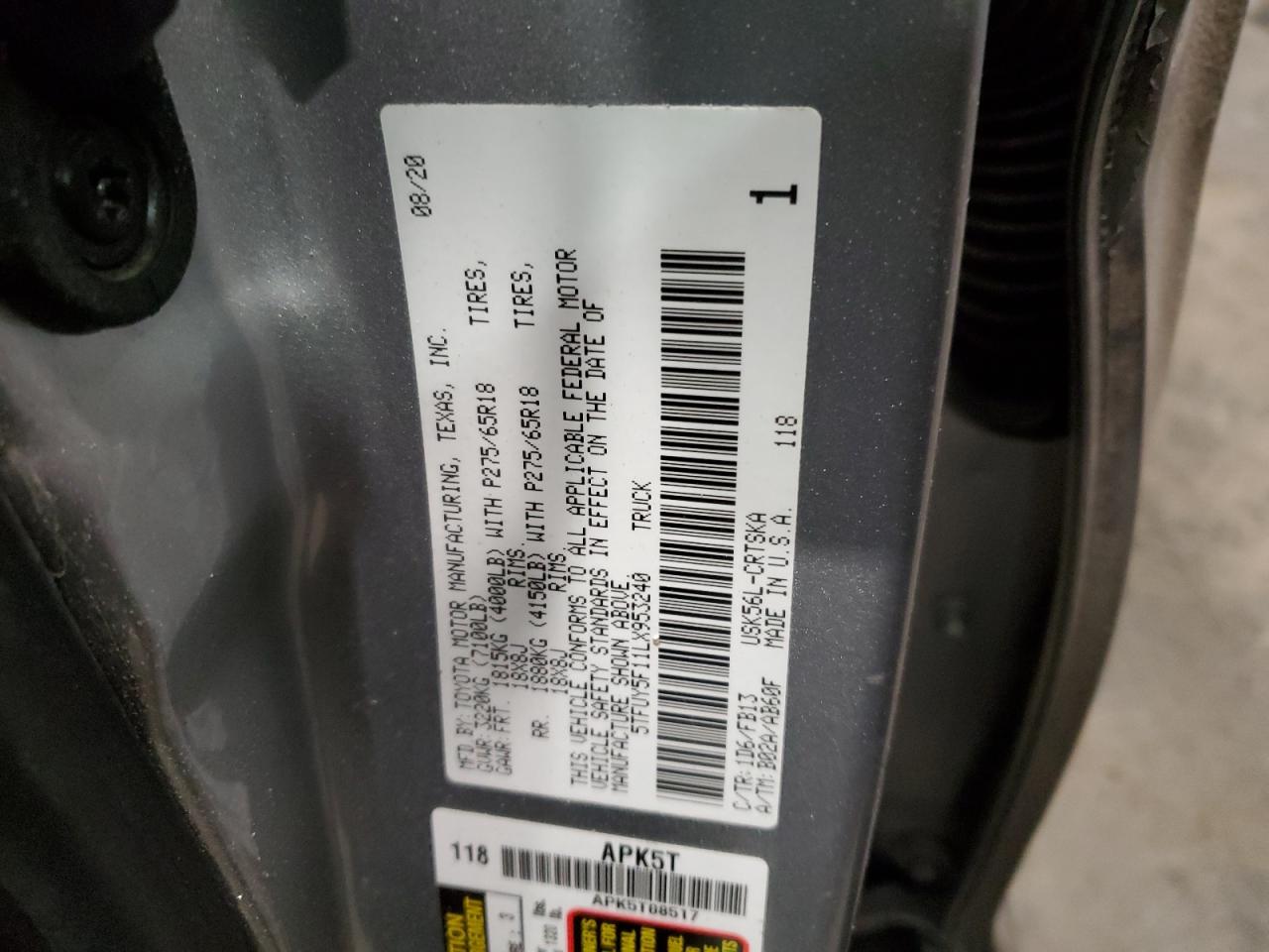 2020 Toyota Tundra VIN 5TFUY5F11LX953240 Copart auction photo, all over damage thumbnail 12