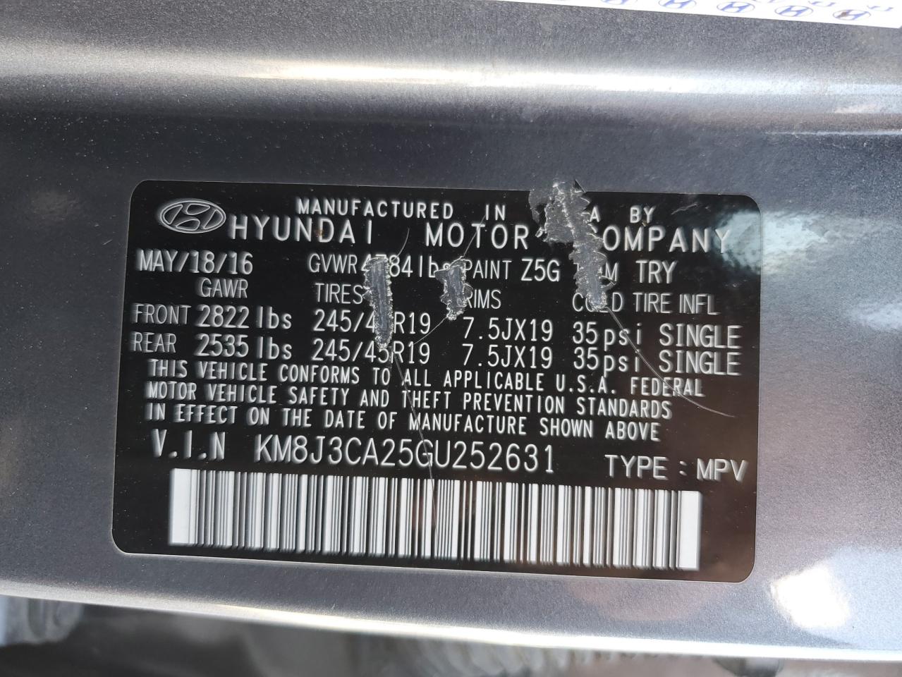 2016 Hyundai Tucson VIN KM8J3CA25GU252631 Copart auction photo, hail damage thumbnail 12
