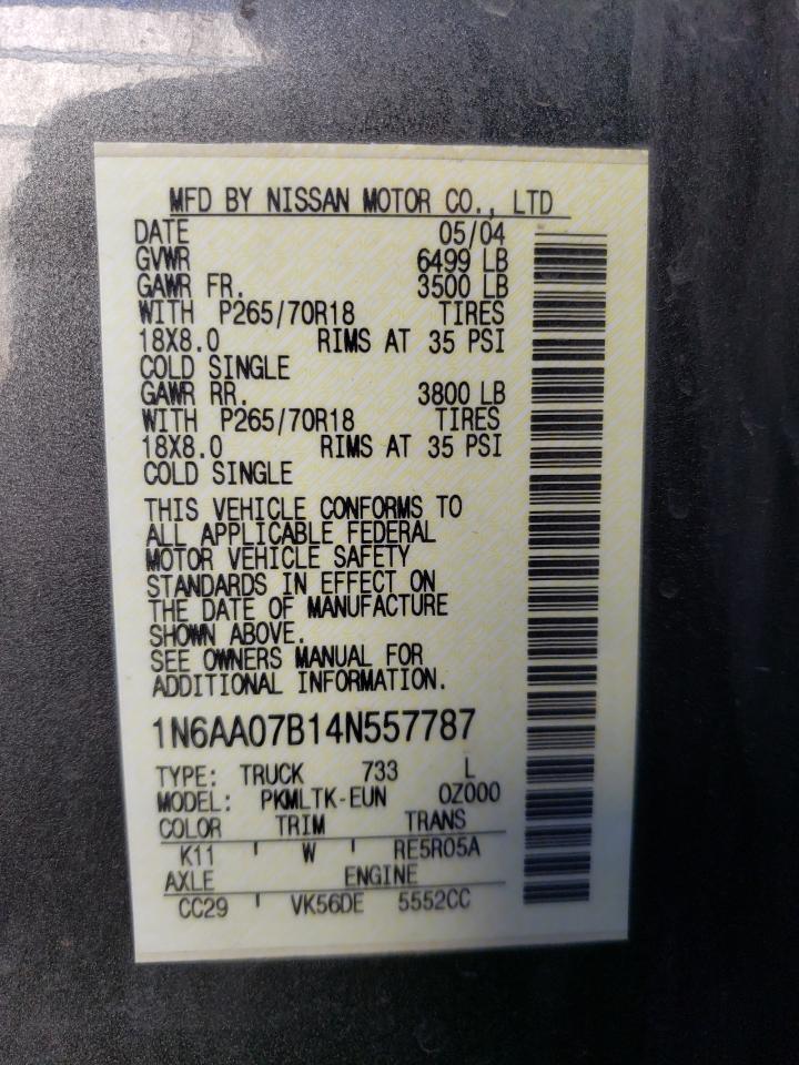 2004 Nissan Titan VIN 1N6AA07B14N557787 Copart auction photo, side / hail damage thumbnail 12