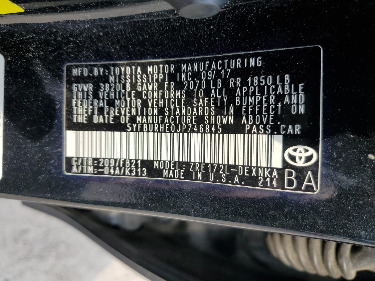 2018 Toyota Corolla VIN 5YFBURHE0JP746845 Copart auction photo, front end / side damage thumbnail 12