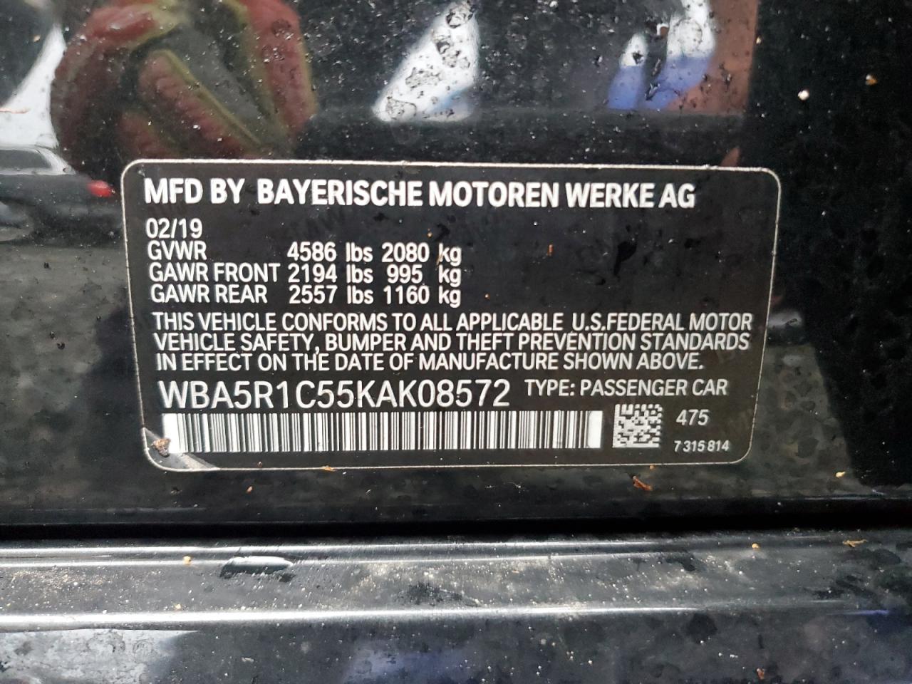 2019 BMW 3er VIN WBA5R1C55KAK08572 Copart auction photo, water/flood damage thumbnail 13