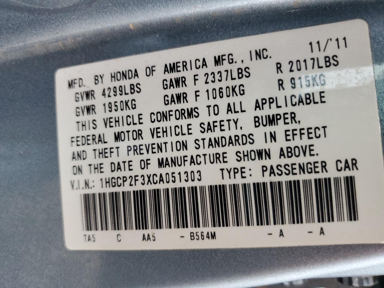 2012 Honda Accord VIN 1HGCP2F3XCA051303 Copart auction photo, front end damage thumbnail 12