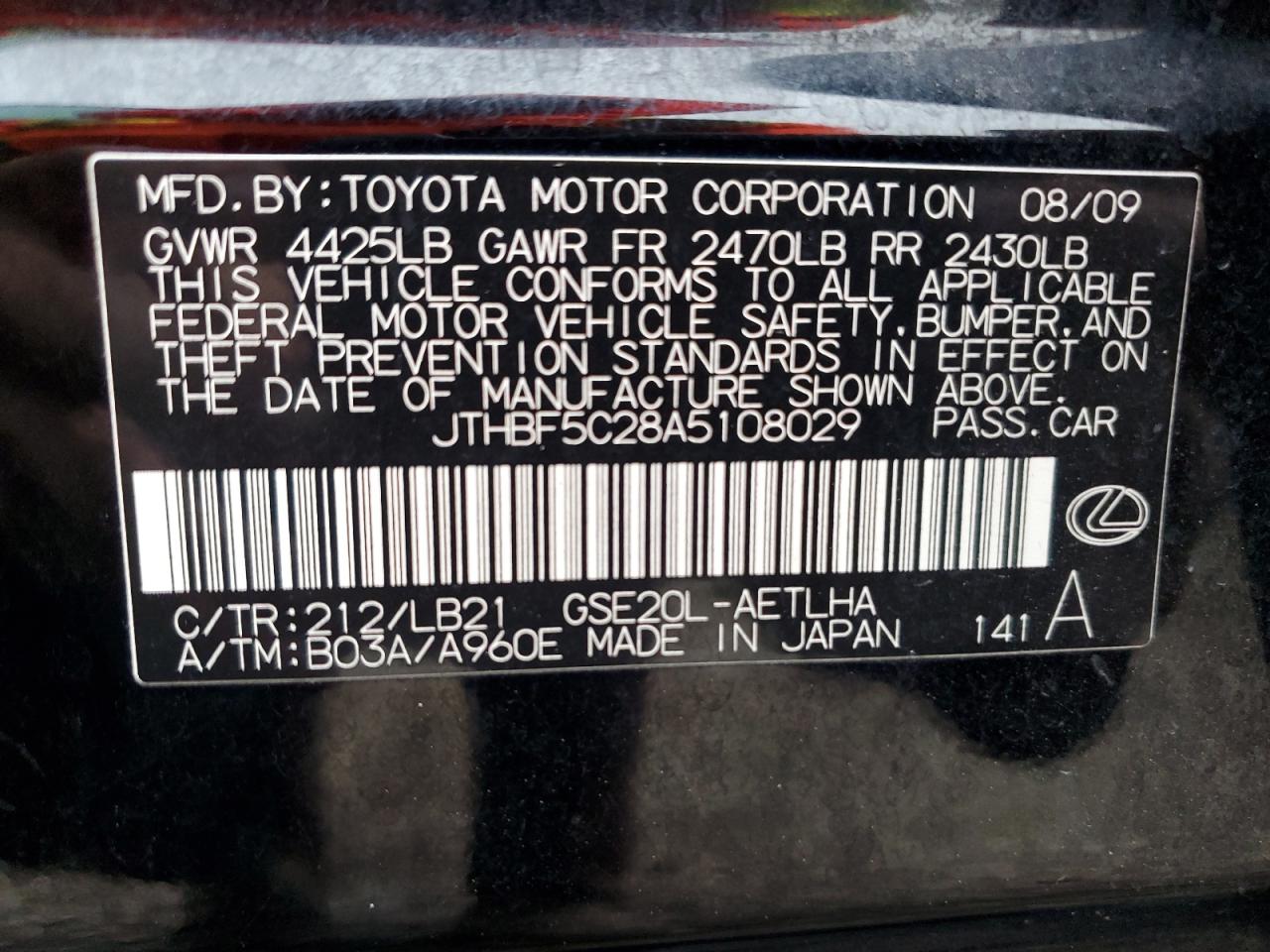 2010 Lexus IS VIN JTHBF5C28A5108029 Copart auction photo, front end / rear end damage thumbnail 13