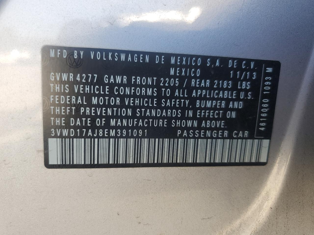 2014 Volkswagen Jetta VIN 3VWD17AJ8EM391091 Copart auction photo, front end damage thumbnail 12