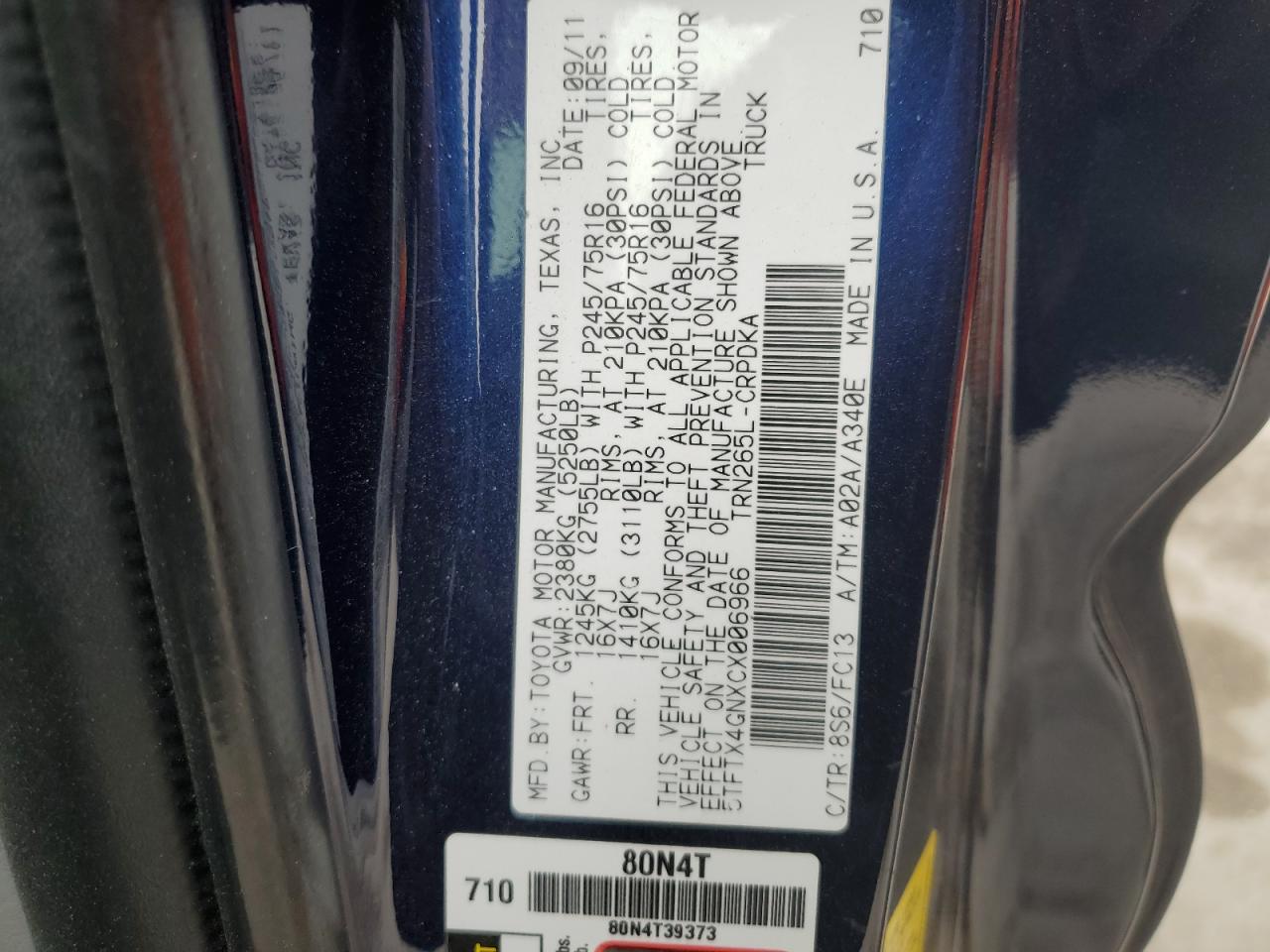 2012 Toyota Tacoma VIN 5TFTX4GNXCX006966 Copart auction photo, rollover damage thumbnail 12