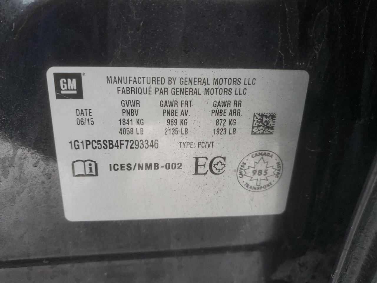 2015 Chevrolet Cruze VIN 1G1PC5SB4F7293346 Copart auction photo, all over damage thumbnail 14