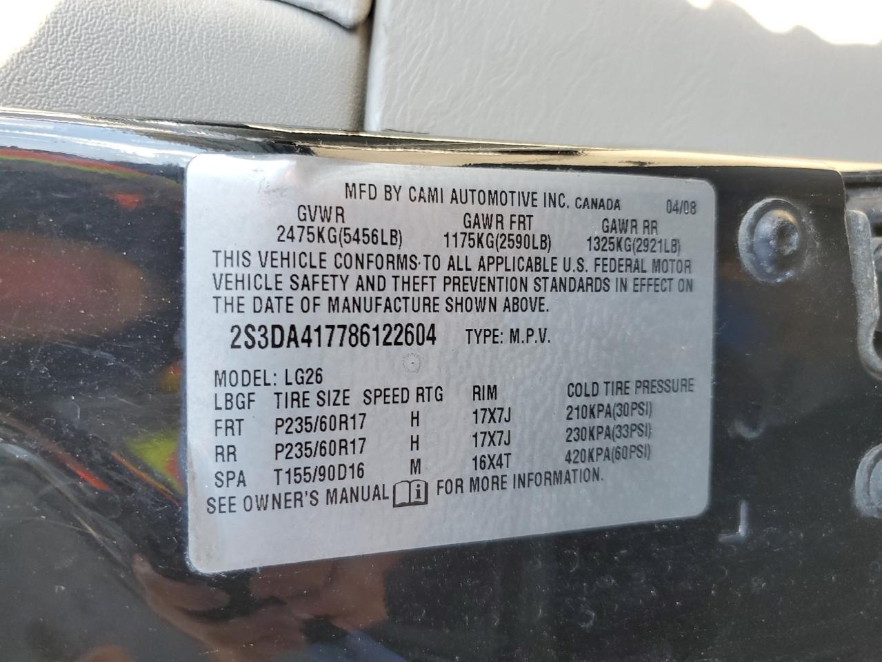 2008 Suzuki XL7 VIN 2S3DA417786122604 Copart auction photo, minor dent/scratches damage thumbnail 13