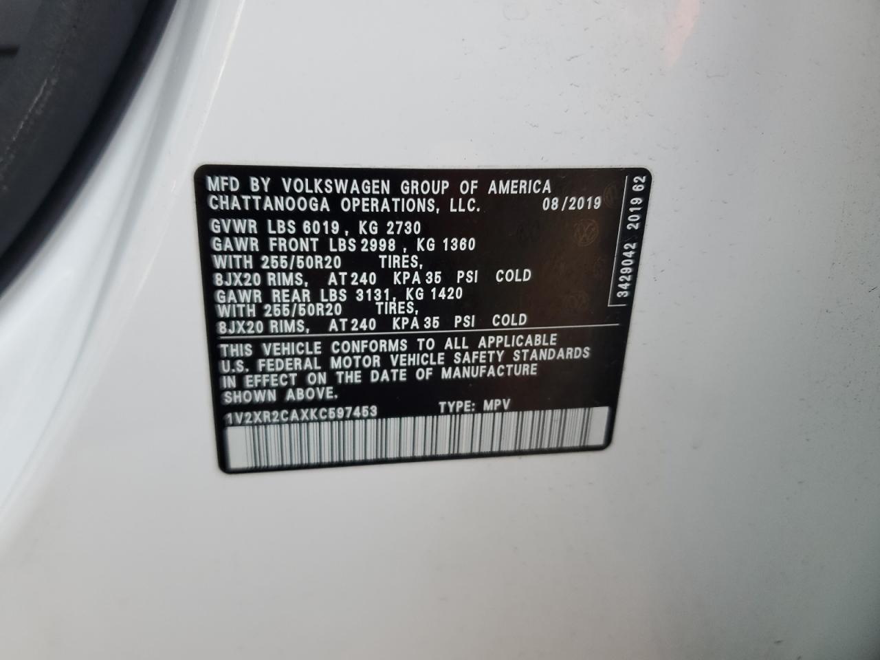 2019 Volkswagen Atlas VIN 1V2XR2CAXKC597453 Copart auction photo, rear end damage thumbnail 14