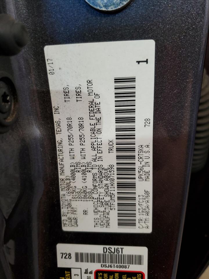 2017 Toyota Tundra VIN 5TFUM5F11HX071598 Copart auction photo, front end / minor dent/scratches damage thumbnail 14