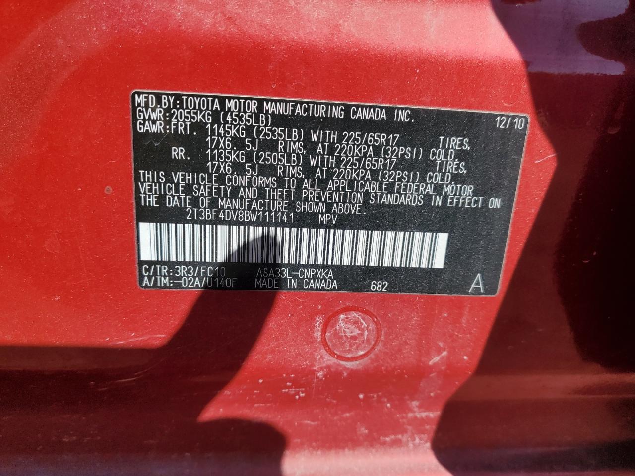 2011 Toyota RAV 4 VIN 2T3BF4DV8BW111141 Copart auction photo, rear end / mechanical damage thumbnail 13