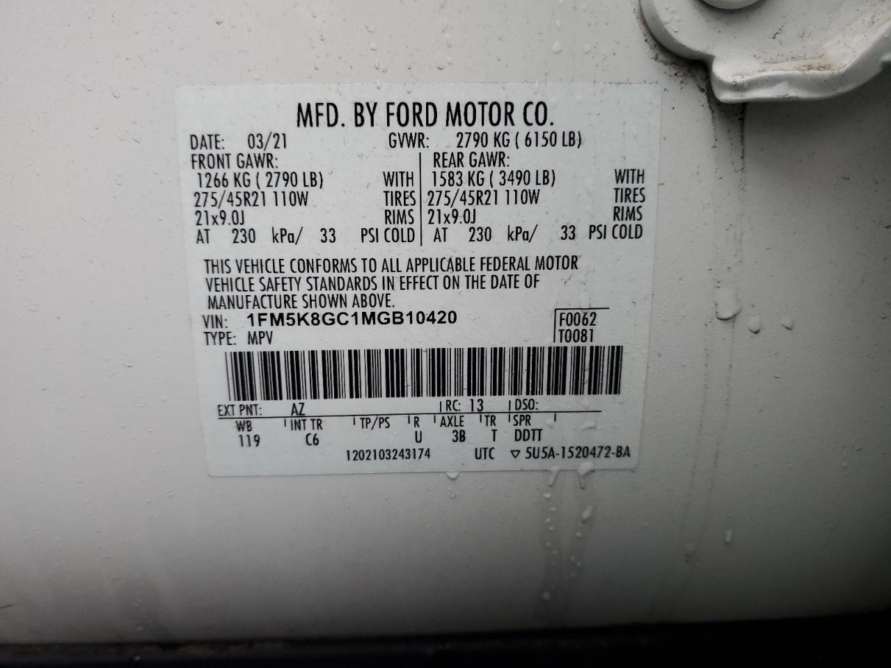 2021 Ford Explorer VIN 1FM5K8GC1MGB10420 Copart auction photo, front end damage thumbnail 14