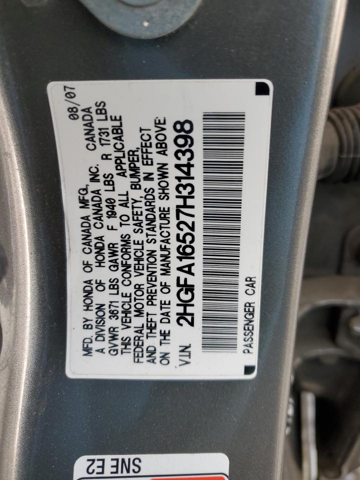 2007 Honda Civic VIN 2HGFA16527H314398 Copart auction photo, front end damage thumbnail 12