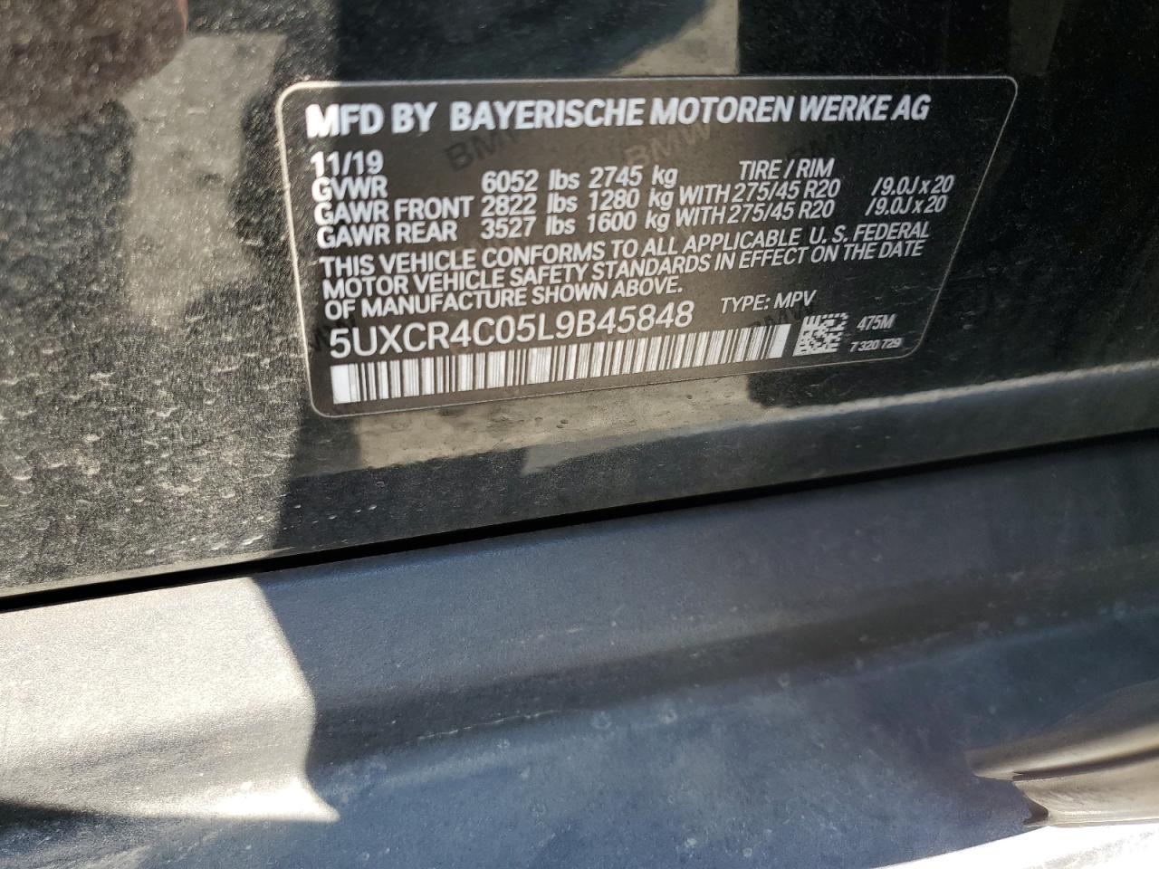 2020 BMW X5 VIN 5UXCR4C05L9B45848 Copart auction photo, rear end damage thumbnail 13