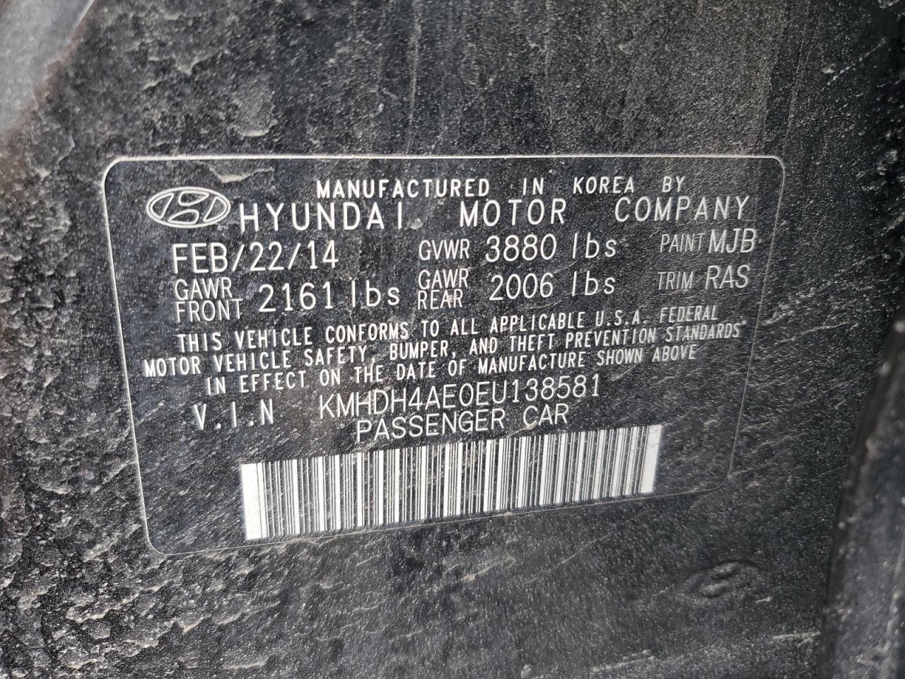 2014 Hyundai Elantra VIN KMHDH4AE0EU138581 Copart auction photo, front end damage thumbnail 15