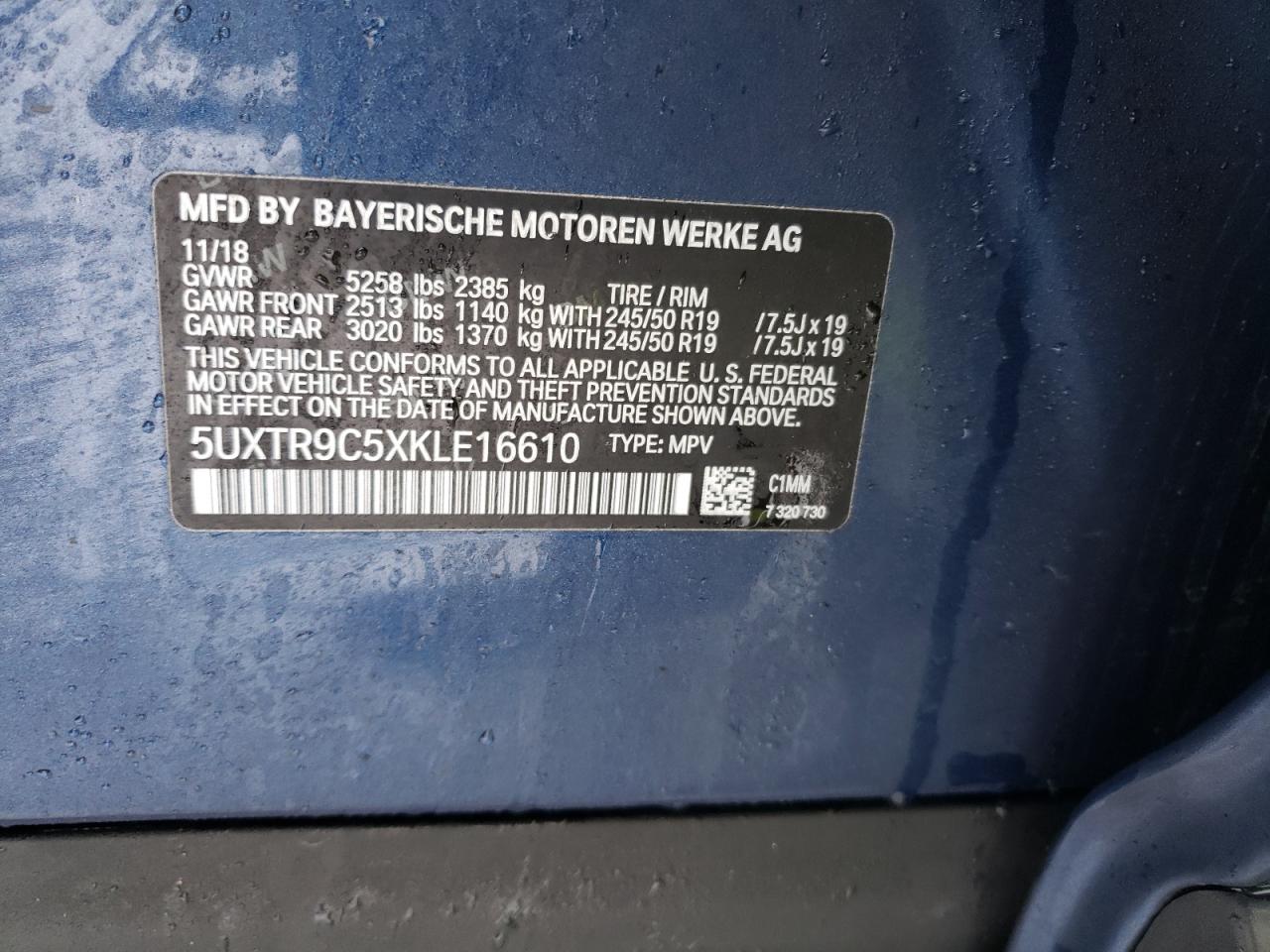 2019 BMW X3 VIN 5UXTR9C5XKLE16610 Copart auction photo, front end damage thumbnail 12