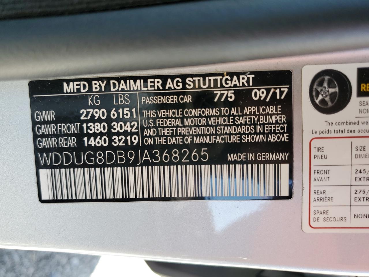 2018 Mercedes-Benz S-klasse VIN WDDUG8DB9JA368265 Copart auction photo, side / rear end damage thumbnail 12