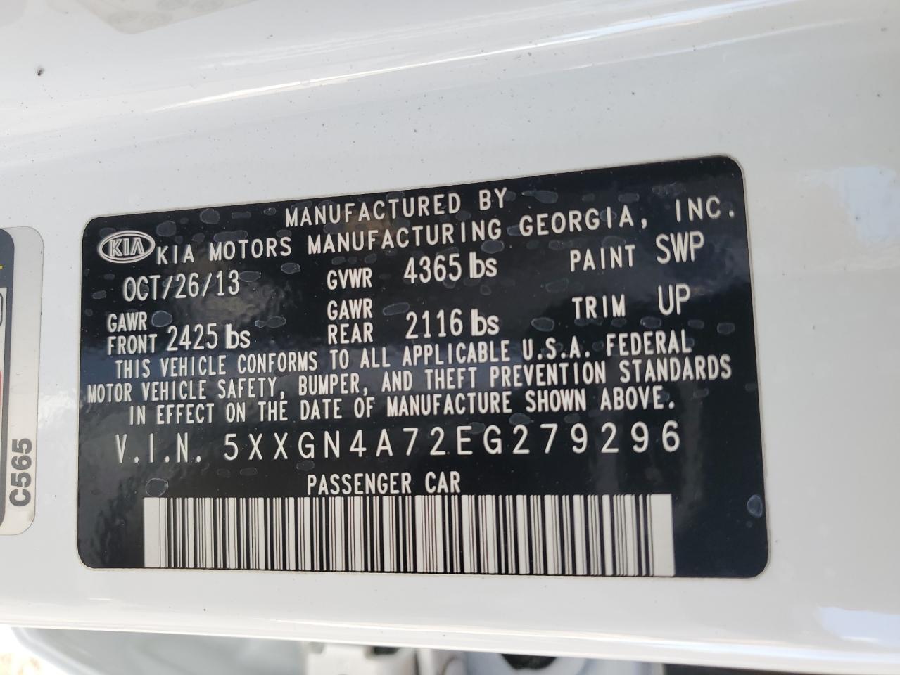 2014 KIA Optima VIN 5XXGN4A72EG279296 Copart auction photo, burn - engine / minor dent/scratches damage thumbnail 13