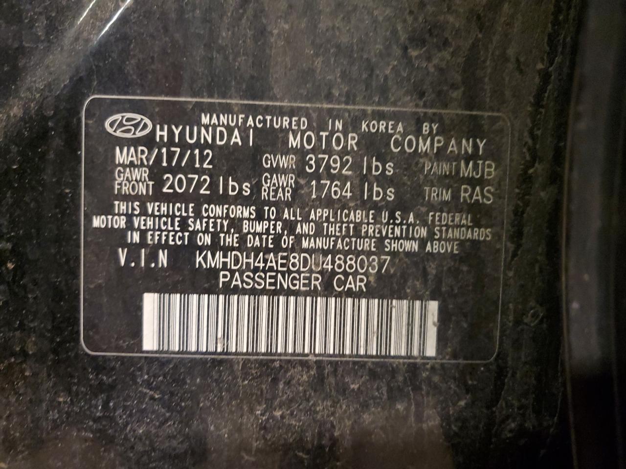 2013 Hyundai Elantra VIN KMHDH4AE8DU488037 Copart auction photo, rear end / front end damage thumbnail 14