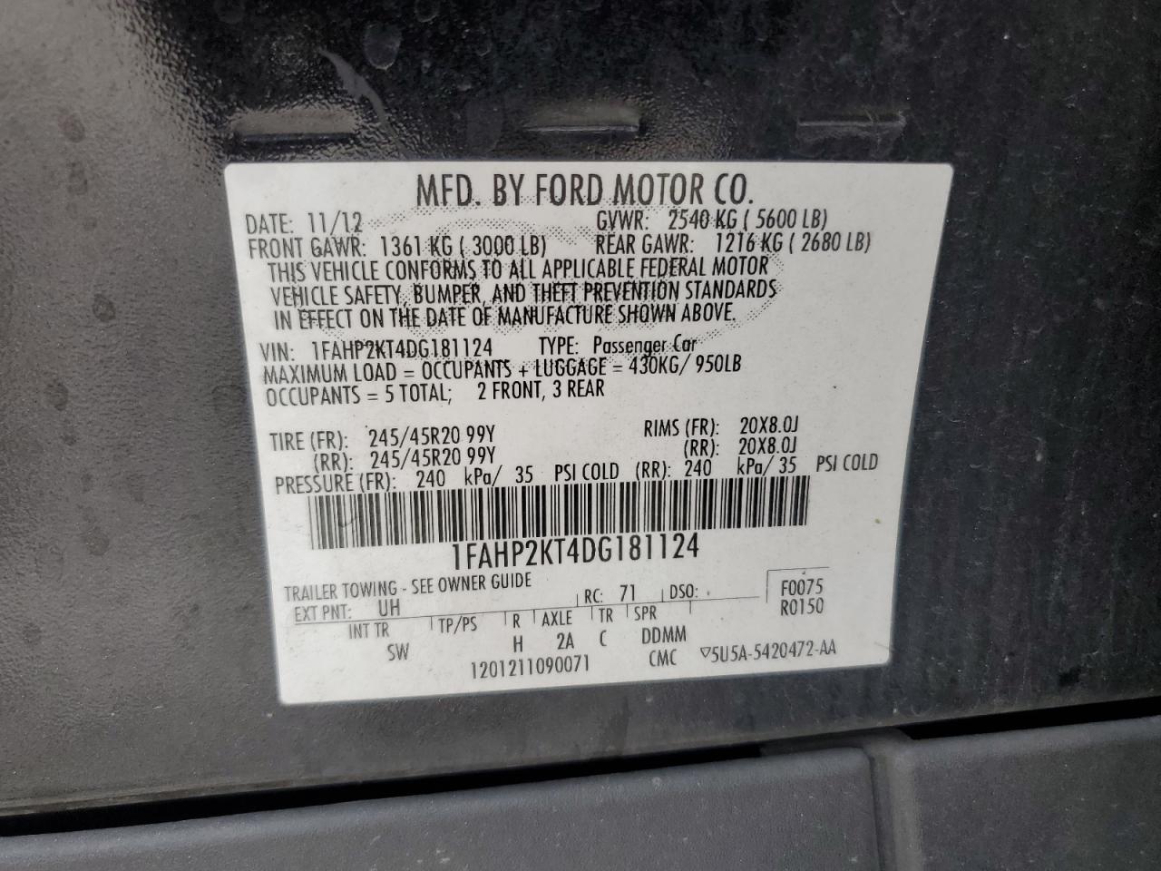 2013 Ford Taurus VIN 1FAHP2KT4DG181124 Copart auction photo, frame damage damage thumbnail 12
