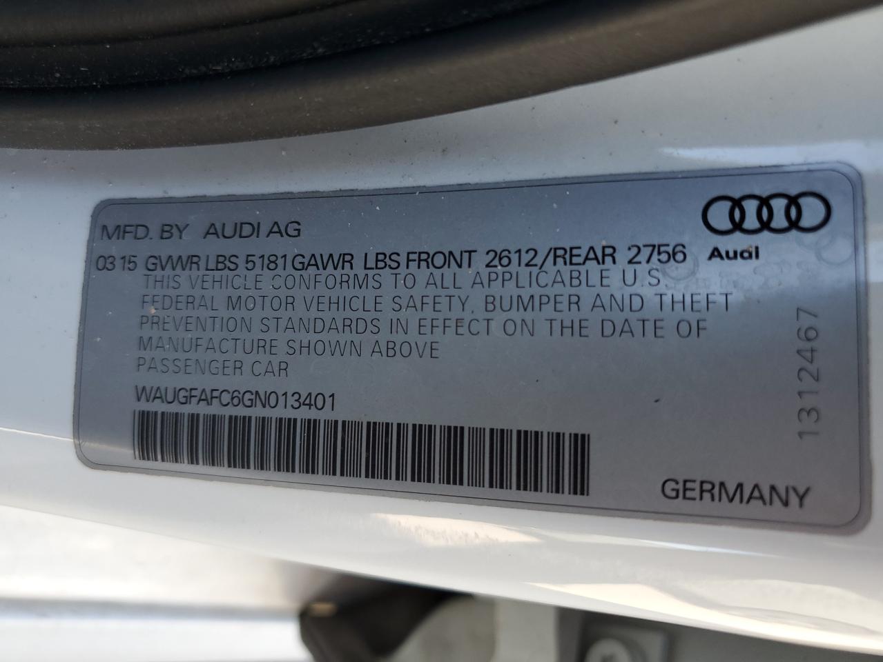 2016 Audi A6 VIN WAUGFAFC6GN013401 Copart auction photo, minor dent/scratches damage thumbnail 12