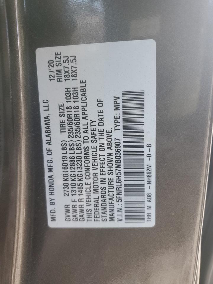 2021 Honda Odyssey VIN 5FNRL6H57MB036907 Copart auction photo, side / rear end damage thumbnail 15