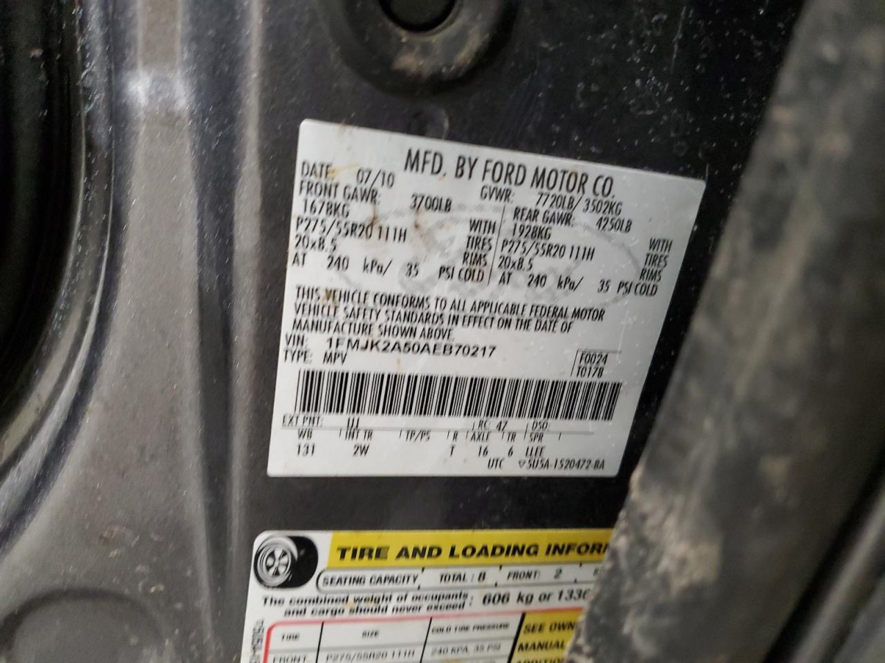 2010 Ford Expedition VIN 1FMJK2A50AEB70217 Copart auction photo, rollover damage thumbnail 13