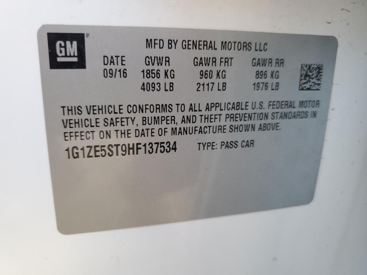 2017 Chevrolet Malibu VIN 1G1ZE5ST9HF137534 Copart auction photo, front end / side damage thumbnail 13