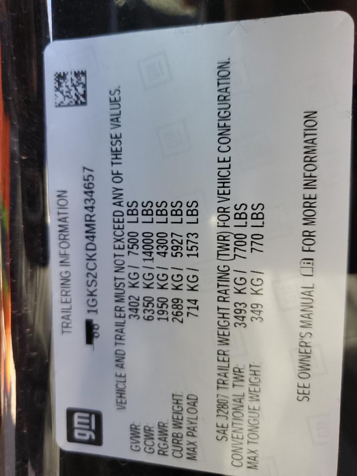 2021 GMC Yukon VIN 1GKS2CKD4MR434657 Copart auction photo, minor dent/scratches / stripped damage thumbnail 14
