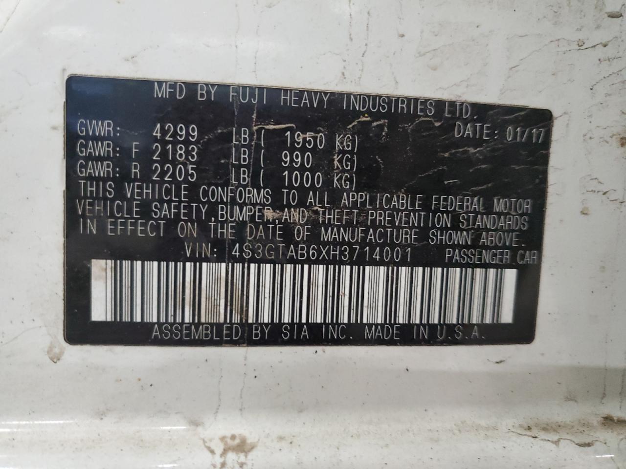 2017 Subaru Impreza VIN 4S3GTAB6XH3714001 Copart auction photo, front end / side damage thumbnail 12
