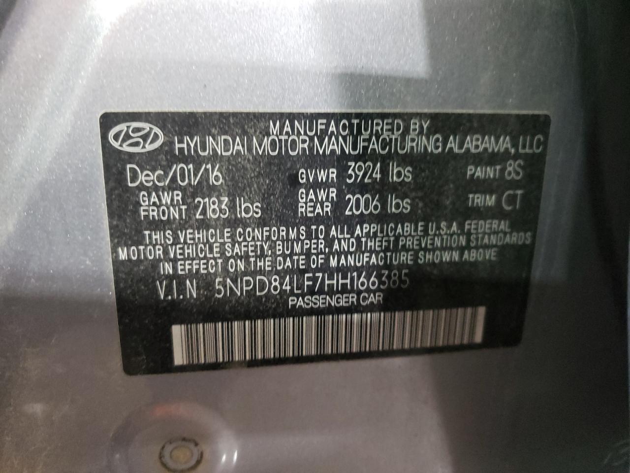 2017 Hyundai Elantra VIN 5NPD84LF7HH166385 Copart auction photo, hail damage thumbnail 12