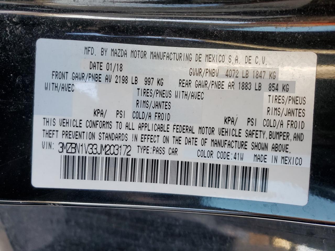 2018 Mazda 3 VIN 3MZBN1V33JM203172 Copart auction photo, side / front end damage thumbnail 12