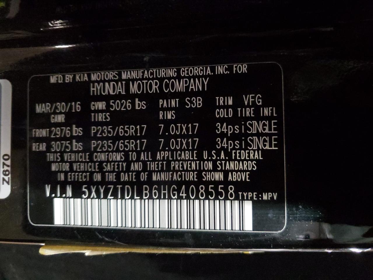 2017 Hyundai Santa Fe VIN 5XYZTDLB6HG408558 Copart auction photo, all over / undercarriage damage thumbnail 14