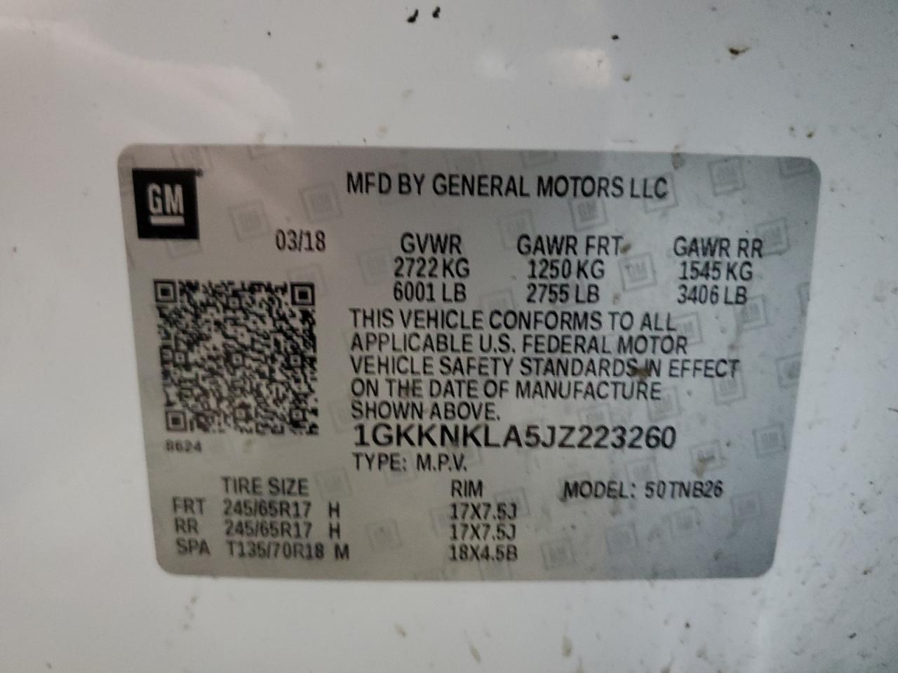 2018 GMC Acadia VIN 1GKKNKLA5JZ223260 Copart auction photo, side / minor dent/scratches damage thumbnail 13