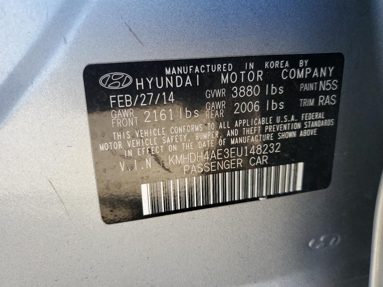 2014 Hyundai Elantra VIN KMHDH4AE3EU148232 Copart auction photo, front end damage thumbnail 14