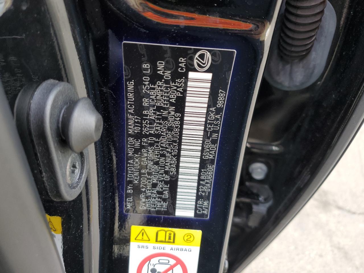 2018 Lexus ES VIN 58ABK1GGXJU083849 Copart auction photo, side / hail damage thumbnail 12