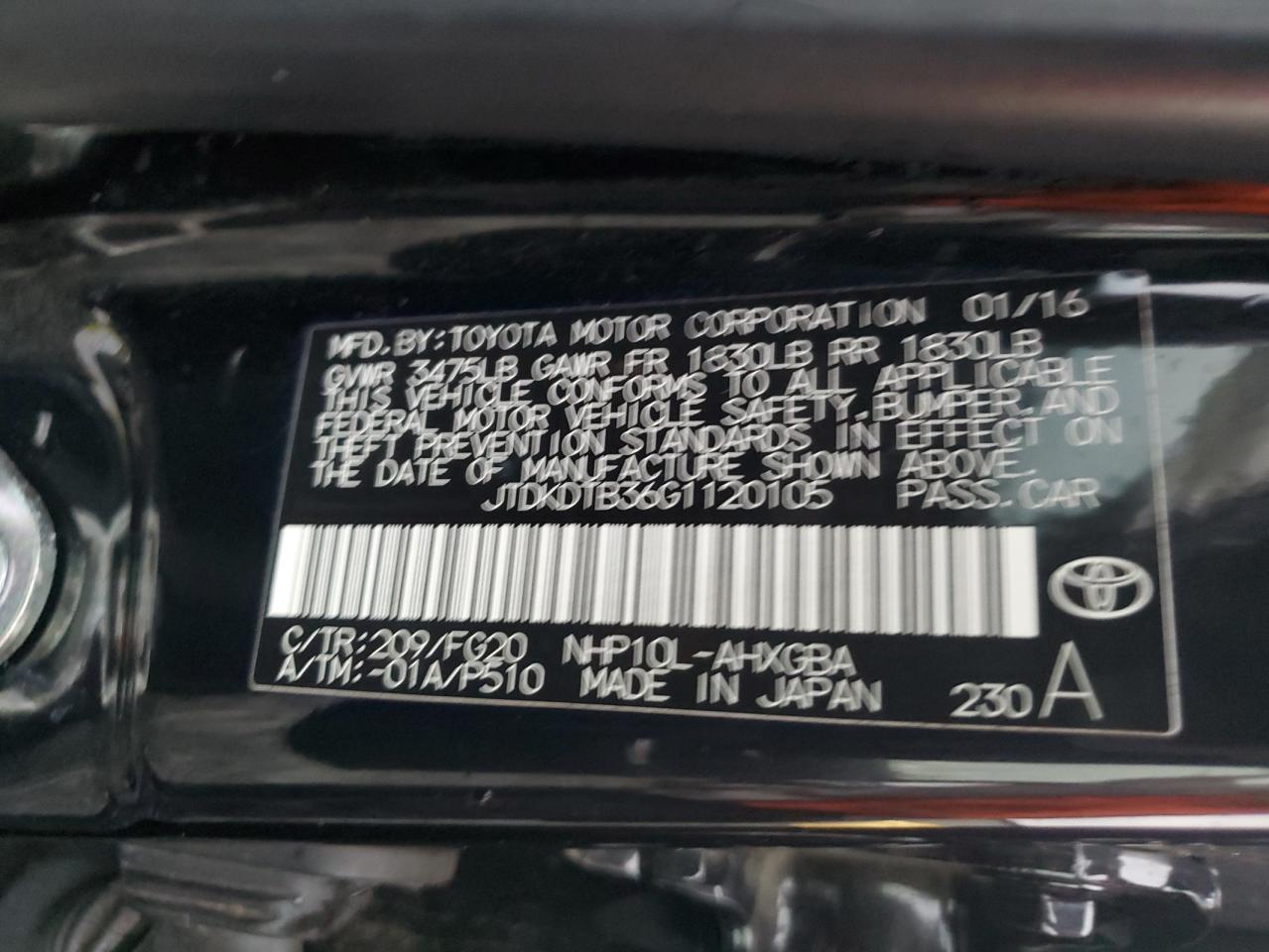 2016 Toyota Prius VIN JTDKDTB36G1120105 Copart auction photo, front end damage thumbnail 12