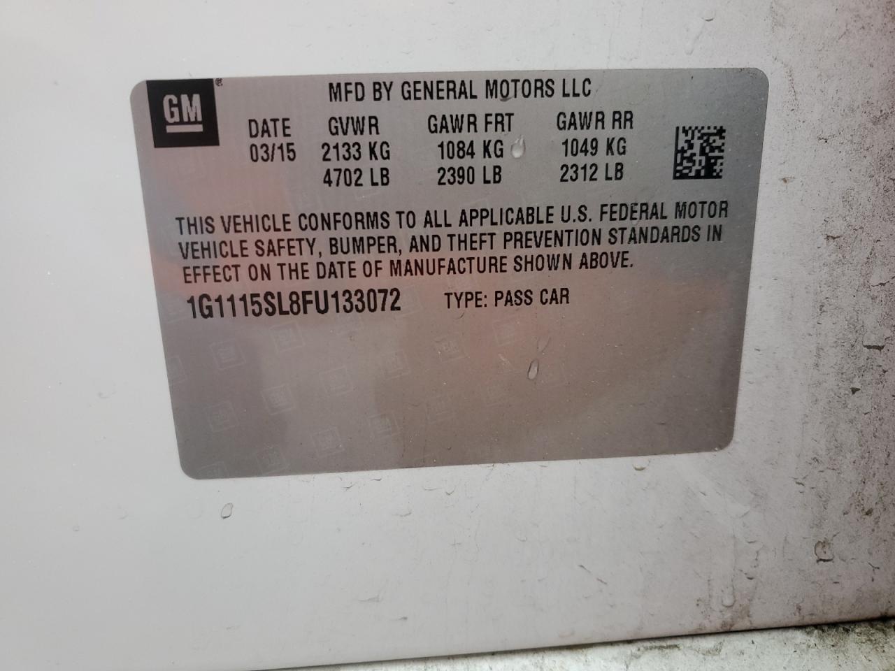2015 Chevrolet Impala VIN 1G1115SL8FU133072 Copart auction photo, front end / side damage thumbnail 14