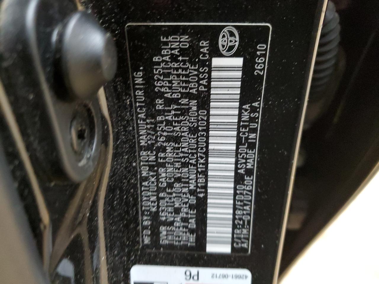 2012 Toyota Camry VIN 4T1BF1FK7CU031020 Copart auction photo, all over / undercarriage damage thumbnail 13