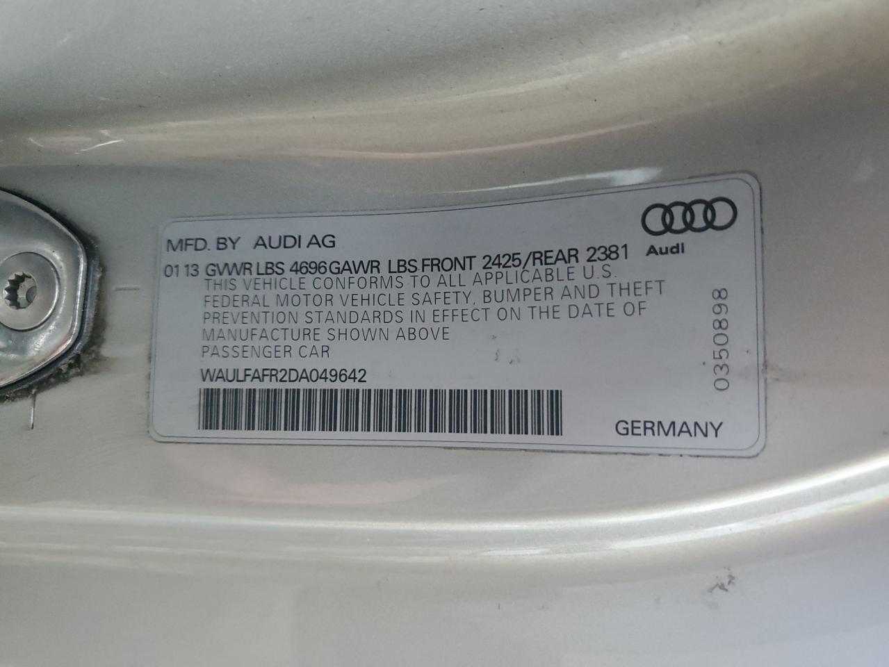 2013 Audi A5 VIN WAULFAFR2DA049642 Copart auction photo, front end / minor dent/scratches damage thumbnail 12