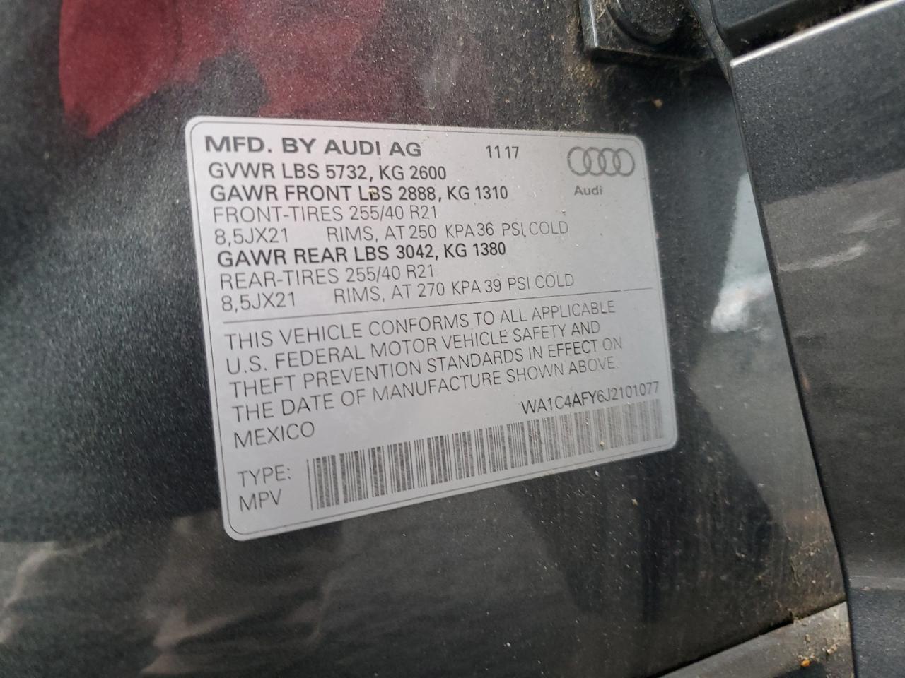 2018 Audi SQ5 VIN WA1C4AFY6J2101077 Copart auction photo, vandalism damage thumbnail 15