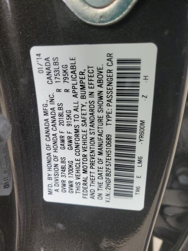 2014 Honda Civic VIN 2HGFB2F57EH510689 Copart auction photo, rear end / front end damage thumbnail 15