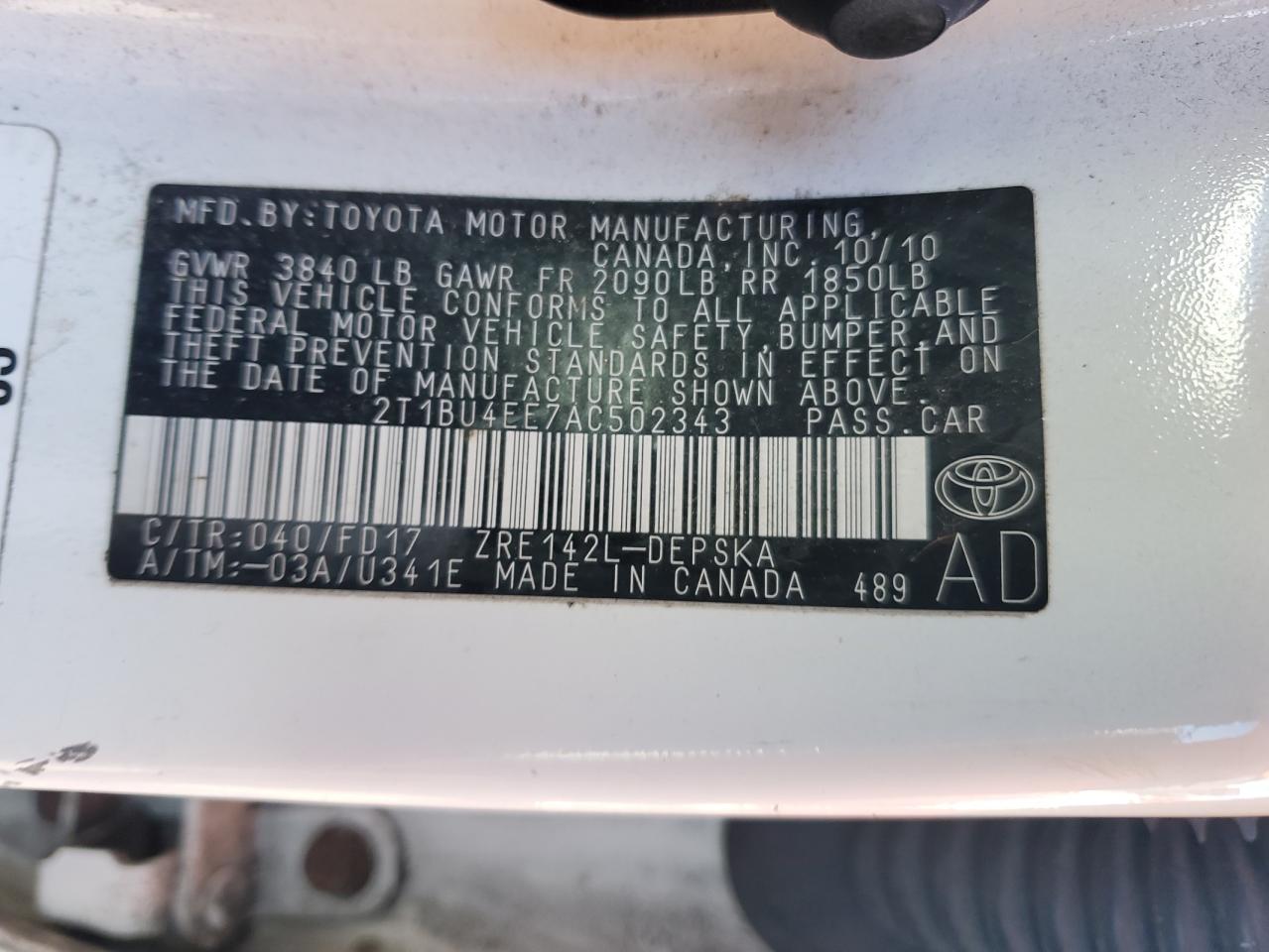 2010 Toyota Corolla VIN 2T1BU4EE7AC502343 Copart auction photo, side / front end damage thumbnail 12