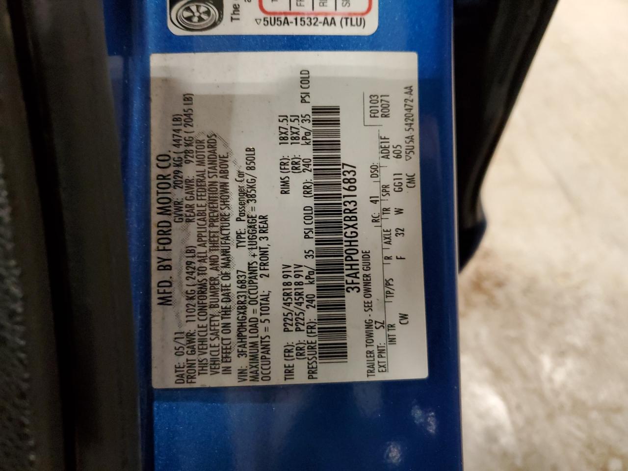 2011 Ford Fusion VIN 3FAHP0HGXBR316837 Copart auction photo, front end damage thumbnail 12